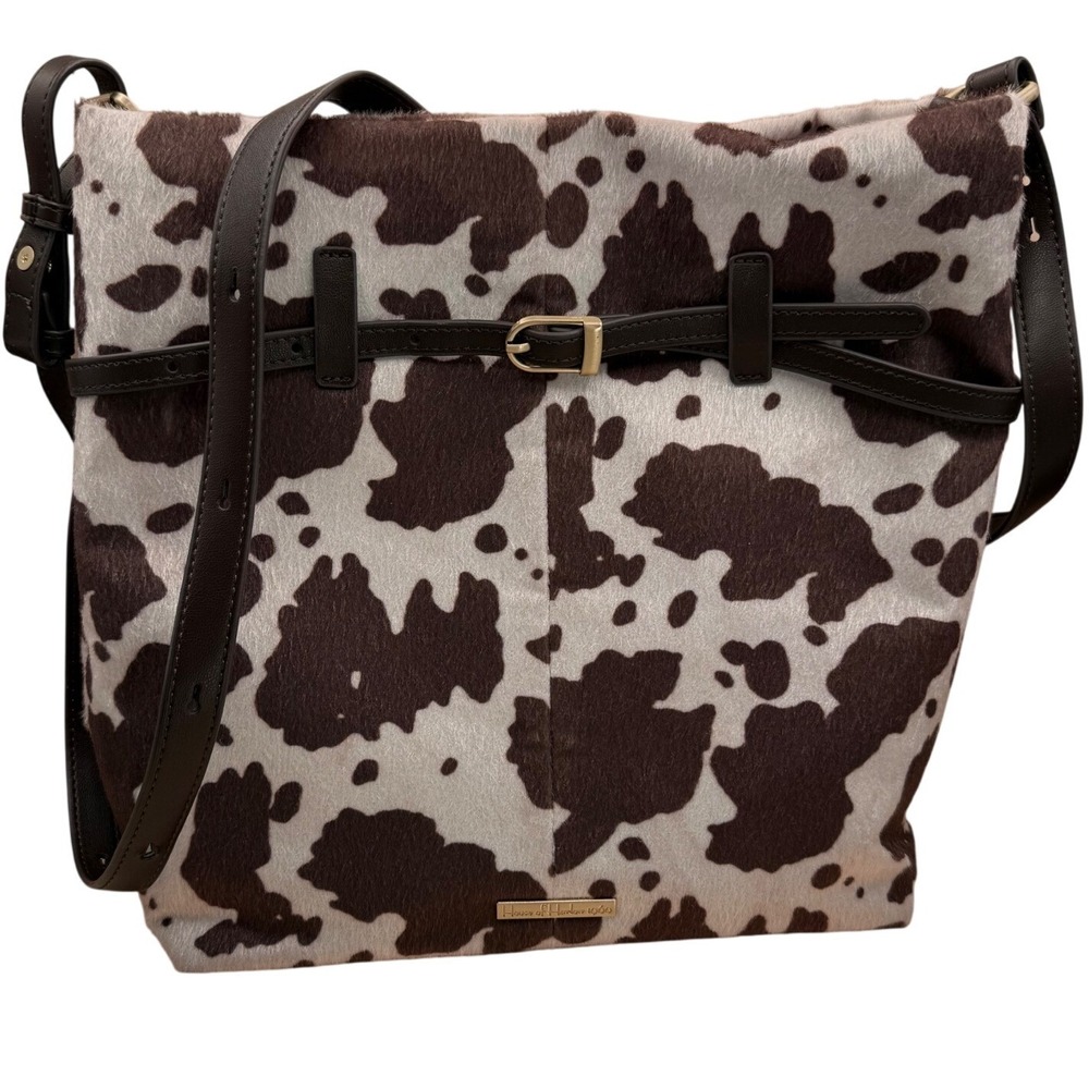 House of Harlow 1960 Womens Brown White Cow Print Calf Hair Crossbody Bag NWT